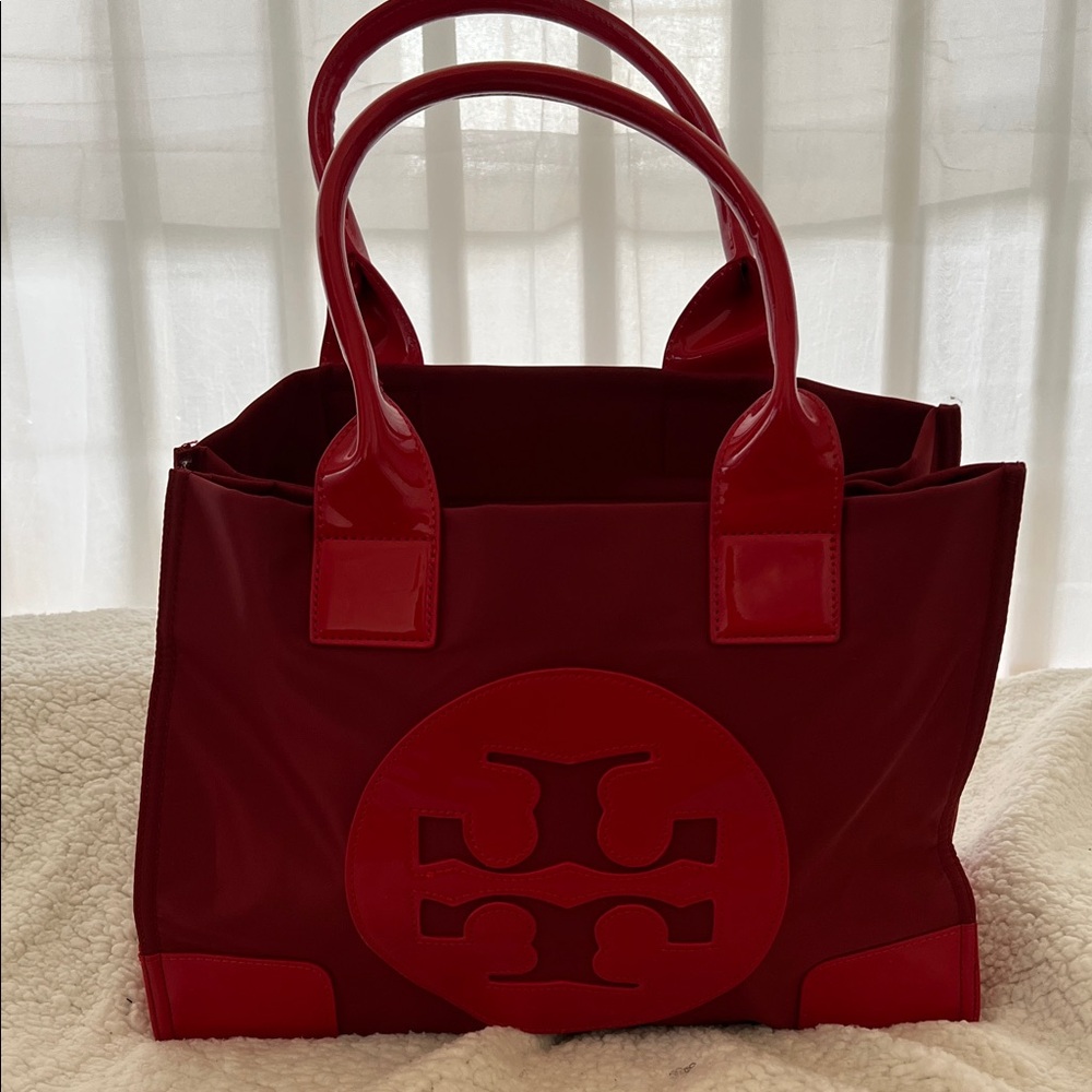 Tory Burch Red Patent-Trim Logo Tote